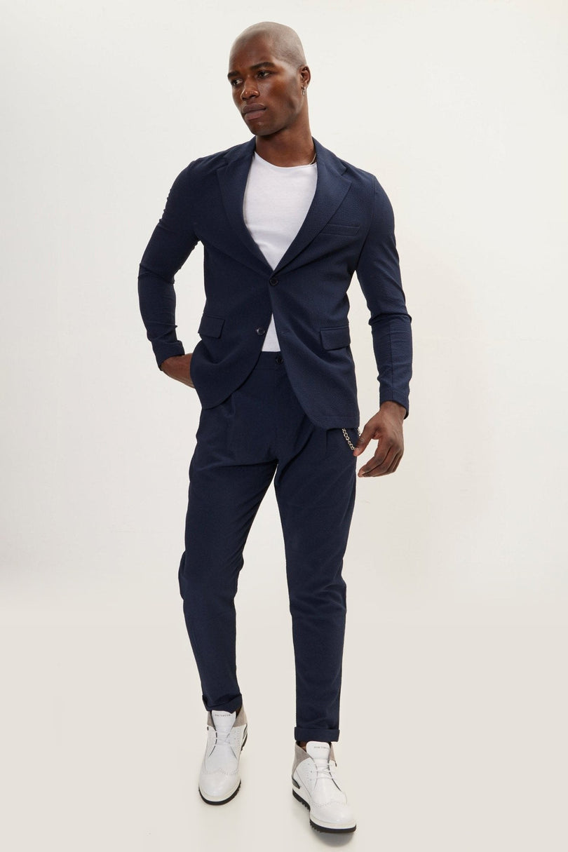 Waffle Stretch Notch Lapel Blazer - Navy