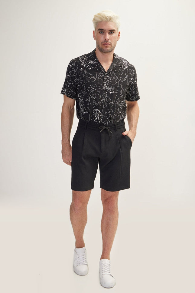 Cotton Waffle Drawstring Shorts - Black