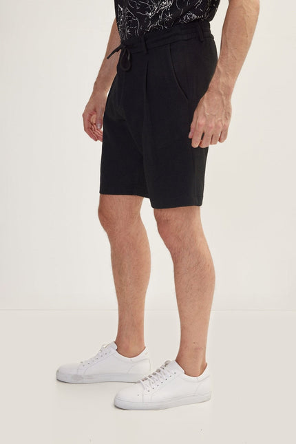 Cotton Waffle Drawstring Shorts - Black