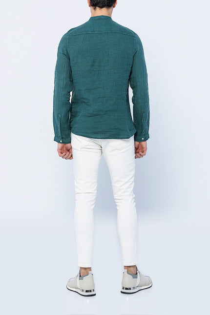 Mandarin Collar Linen Shirt - Dark Green