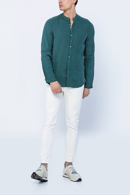 Mandarin Collar Linen Shirt - Dark Green