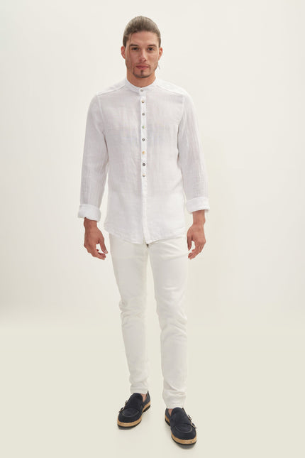 Mandarin Collar Linen Shirt - White