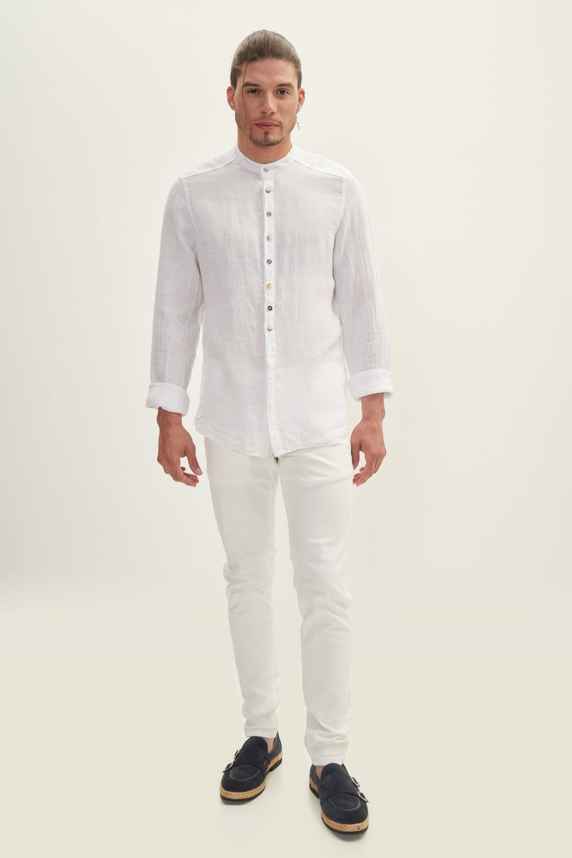 Mandarin Collar Linen Shirt - White