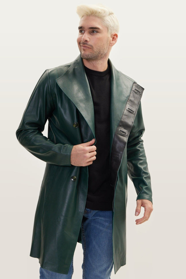 Asymmetric Lambskin Trench Coat - Green Black