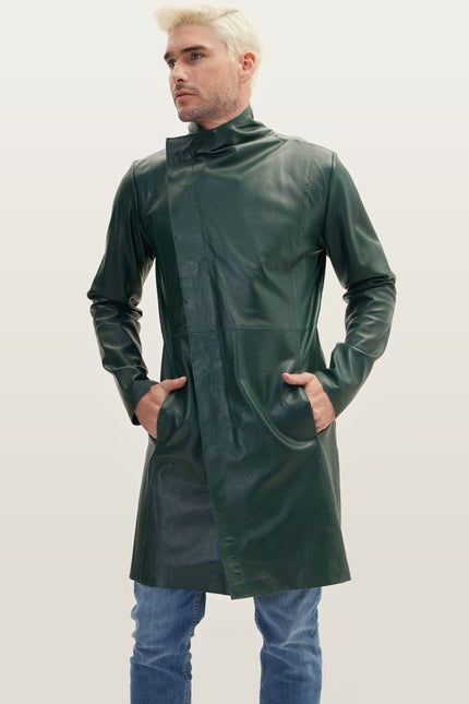 Asymmetric Lambskin Trench Coat - Green Black