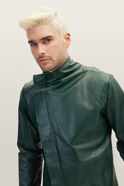 Asymmetric Lambskin Trench Coat - Green Black