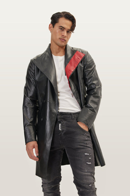 Asymmetric Lambskin Trench Coat - Black Red