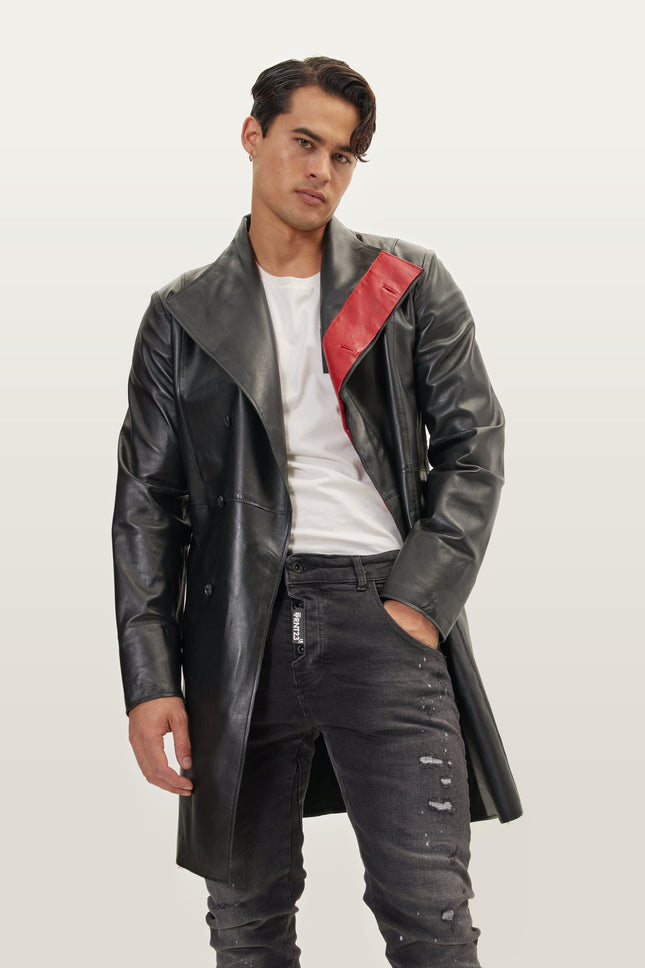 Asymmetric Lambskin Trench Coat - Black Red