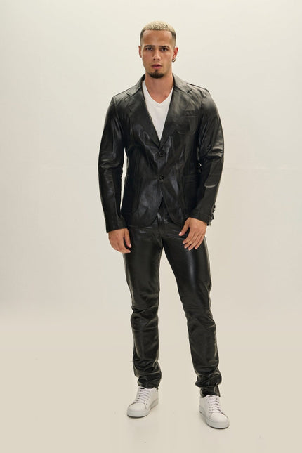 Classic Two-Button Leather Blazer - Black