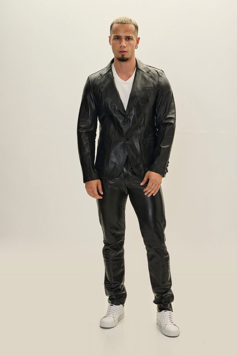 Classic Two-Button Leather Blazer - Black