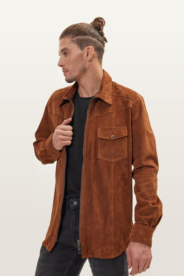 Lambskin Suede Shirt Jacket - Brown