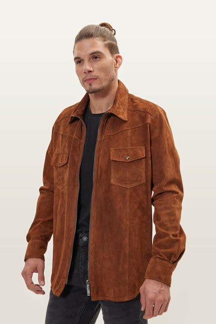 Lambskin Suede Shirt Jacket - Brown