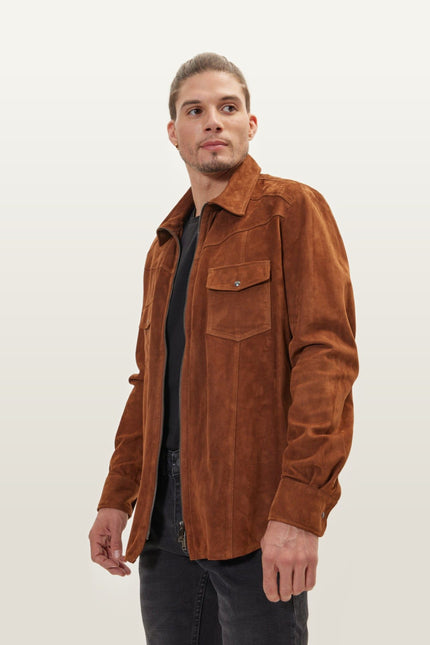 Lambskin Suede Shirt Jacket - Brown