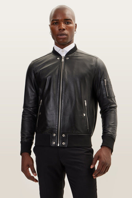 The Sleek Leather Bomber Jacket - Black