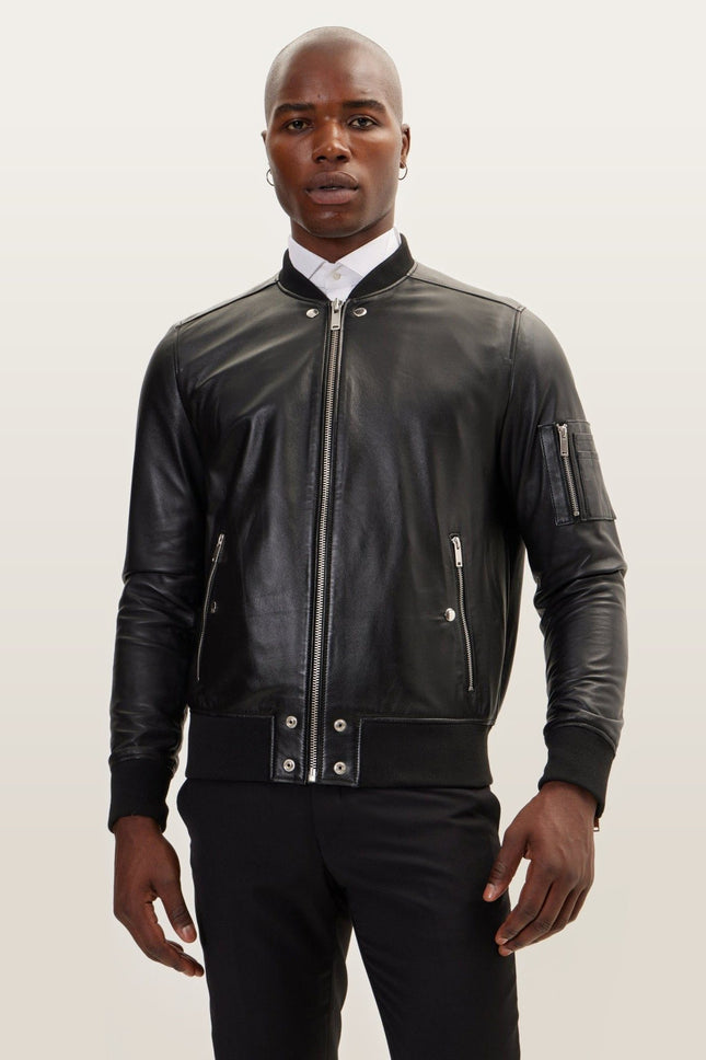 The Sleek Leather Bomber Jacket - Black