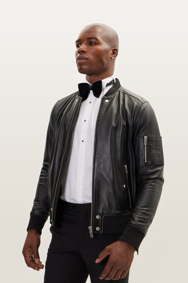 The Sleek Leather Bomber Jacket - Black