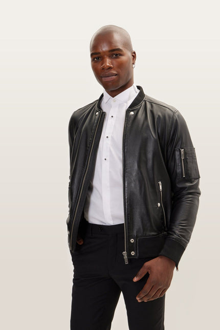 The Sleek Leather Bomber Jacket - Black