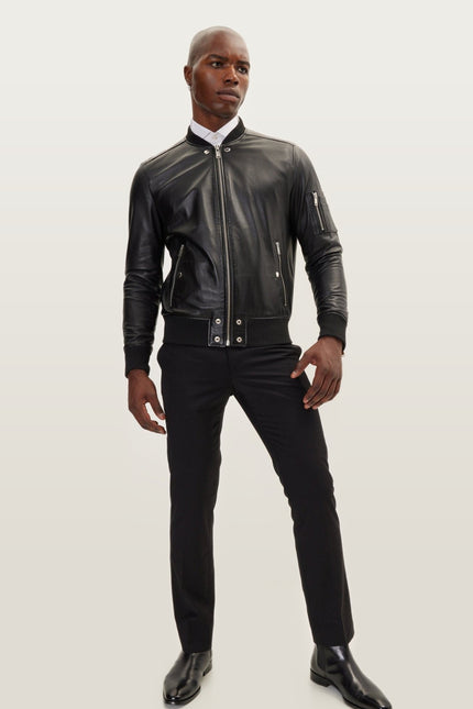 The Sleek Leather Bomber Jacket - Black