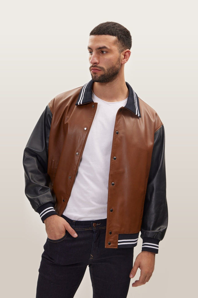 Varsity Leather Jacket With Polo Neck - Black Brown