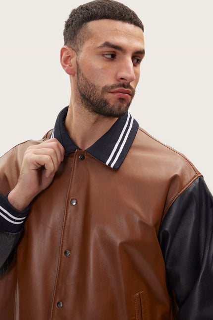 Varsity Leather Jacket With Polo Neck - Black Brown