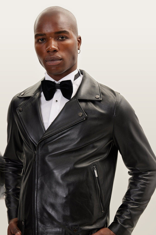 Lambskin Leather Moto Jacket - Black