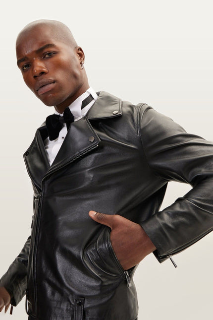 Lambskin Leather Moto Jacket - Black