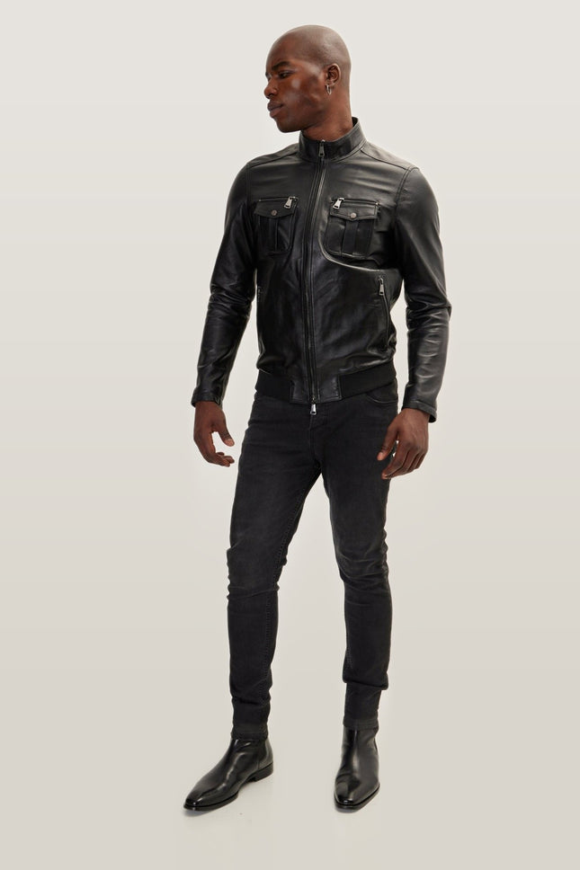 Double Zipper Stand Collar Leather Bomber Jacket - Black