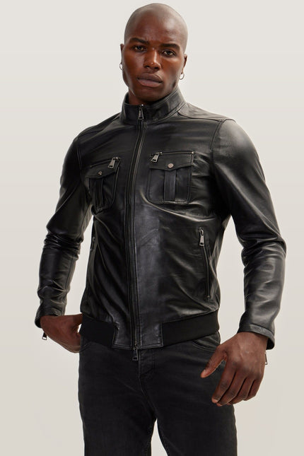 Double Zipper Stand Collar Leather Bomber Jacket - Black