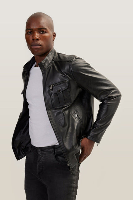 Double Zipper Stand Collar Leather Bomber Jacket - Black
