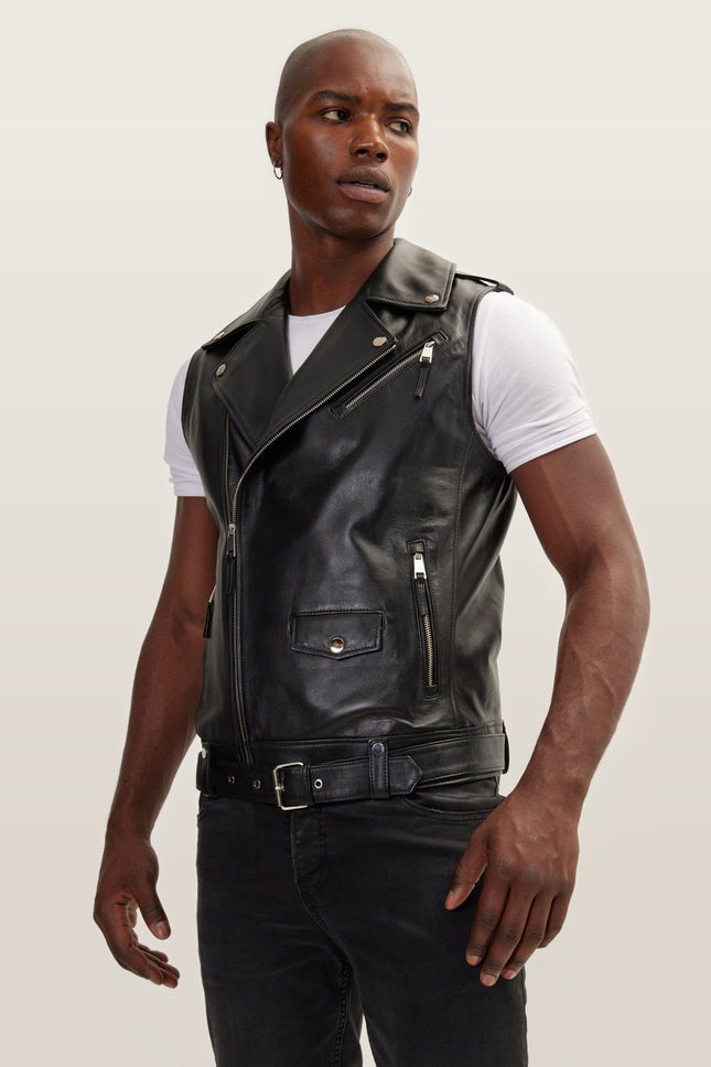 Asymmetric Zip Lambskin Vest - Black
