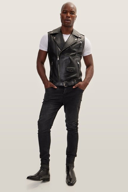 Asymmetric Zip Lambskin Vest - Black