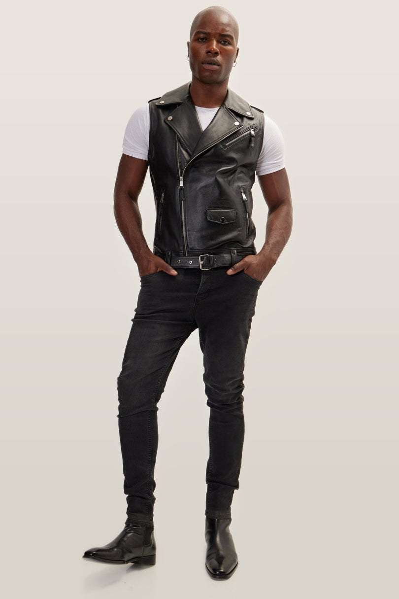 Asymmetric Zip Lambskin Vest - Black