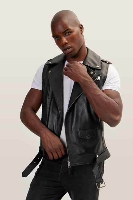 Asymmetric Zip Lambskin Vest - Black
