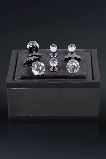 Circular Crystal Dark Cufflinks Stud Set - set