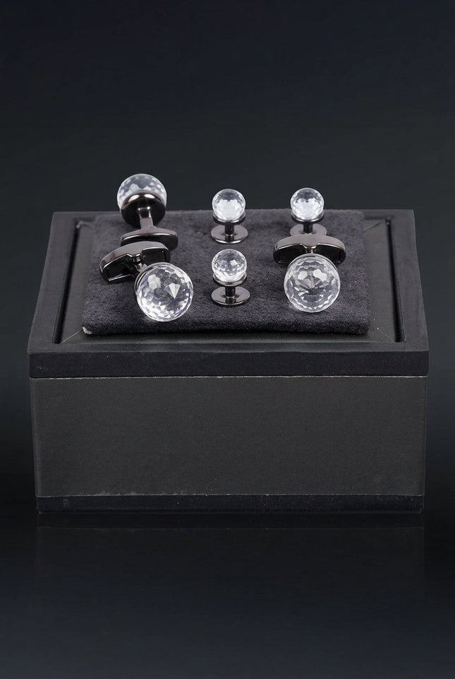 Circular Crystal Dark Cufflinks Stud Set - set