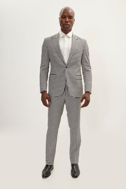 Houndstooth Peak Lapel Single-Breasted Suit - Black White