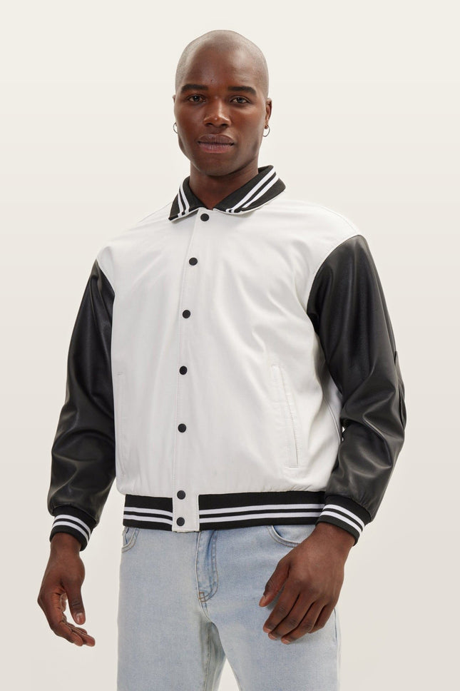 Varsity Leather Jacket With Polo Neck - White Black