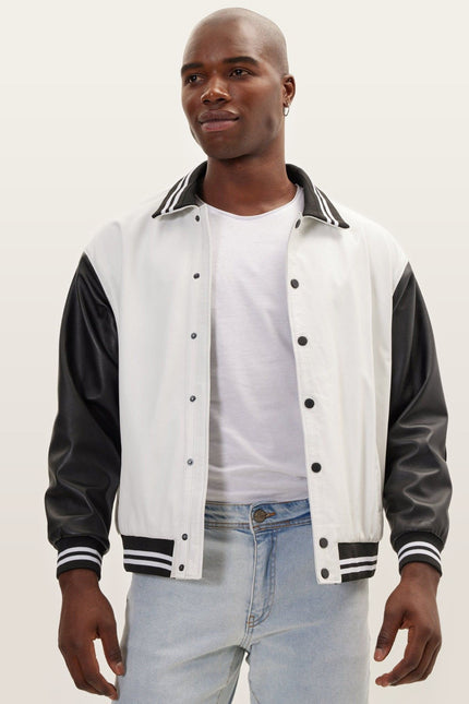 Varsity Leather Jacket With Polo Neck - White Black