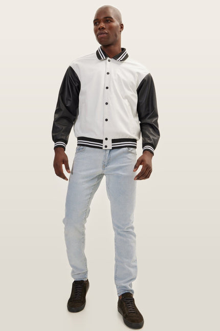 Varsity Leather Jacket With Polo Neck - White Black