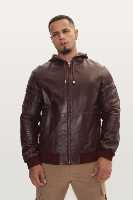 Nappa Lambskin Hooded Bomber Jacket - Wine