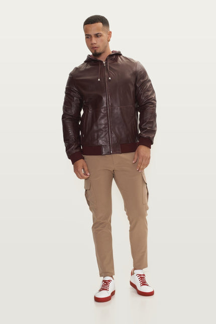 Nappa Lambskin Hooded Bomber Jacket - Wine