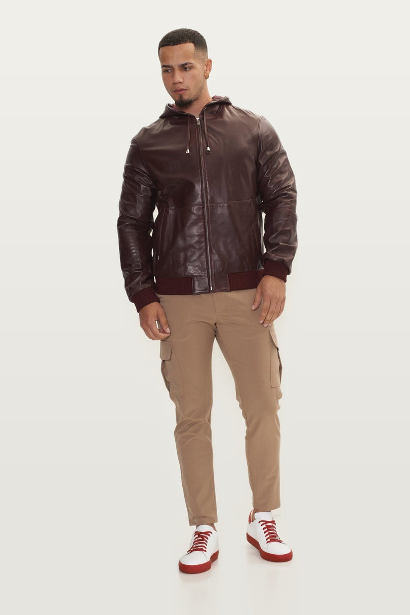 Nappa Lambskin Hooded Bomber Jacket - Wine