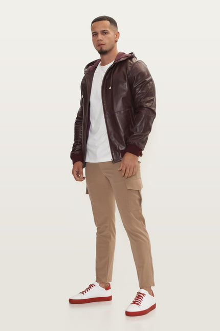 Nappa Lambskin Hooded Bomber Jacket - Wine