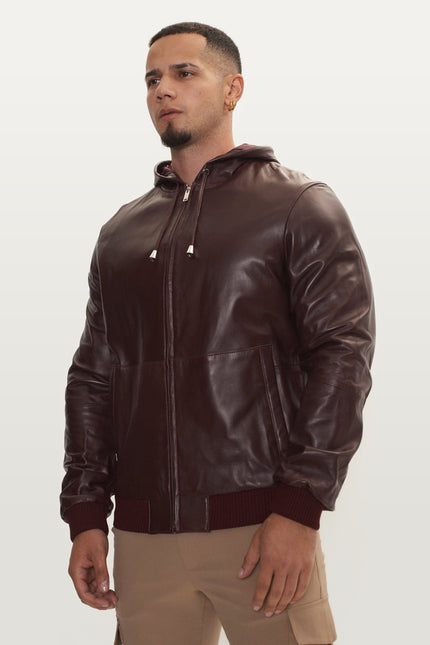 Nappa Lambskin Hooded Bomber Jacket - Wine