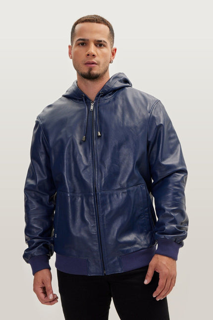 Nappa Lambskin Hooded Bomber Jacket - Navy