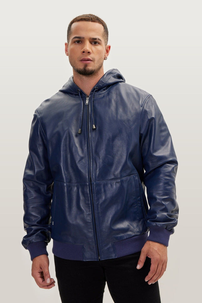 Nappa Lambskin Hooded Bomber Jacket - Navy
