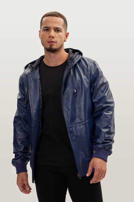 Nappa Lambskin Hooded Bomber Jacket - Navy