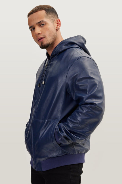 Nappa Lambskin Hooded Bomber Jacket - Navy