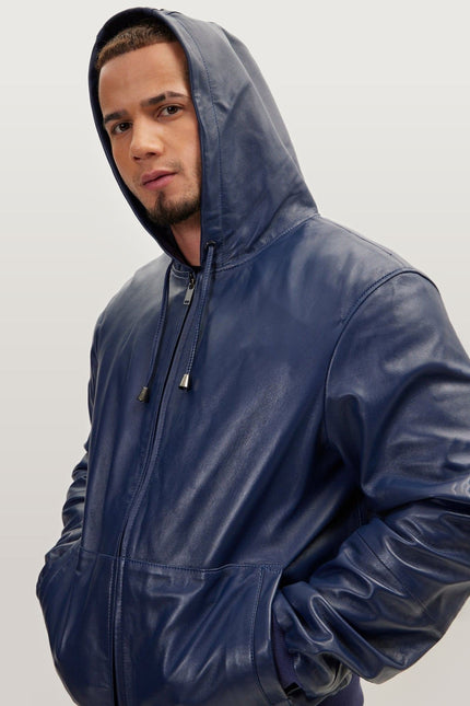 Nappa Lambskin Hooded Bomber Jacket - Navy