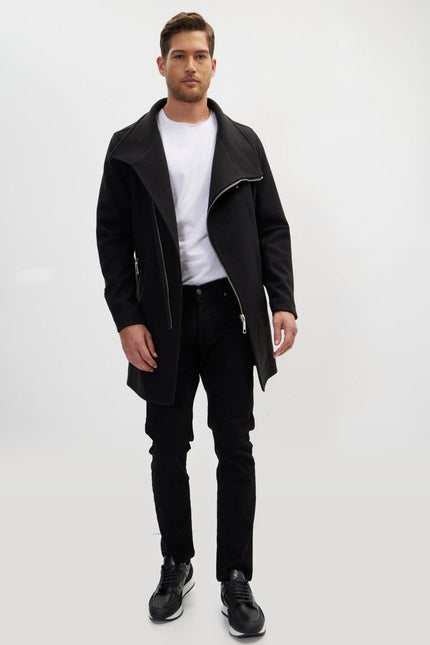 Asymmetrical Zipper Closure Overcoat - Black